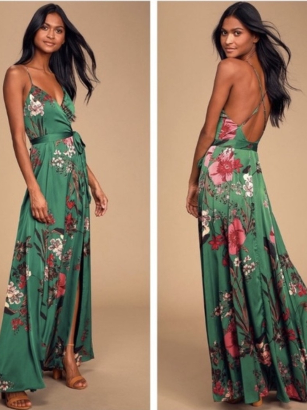 Lulu's Green Floral Wrap Maxi Dress